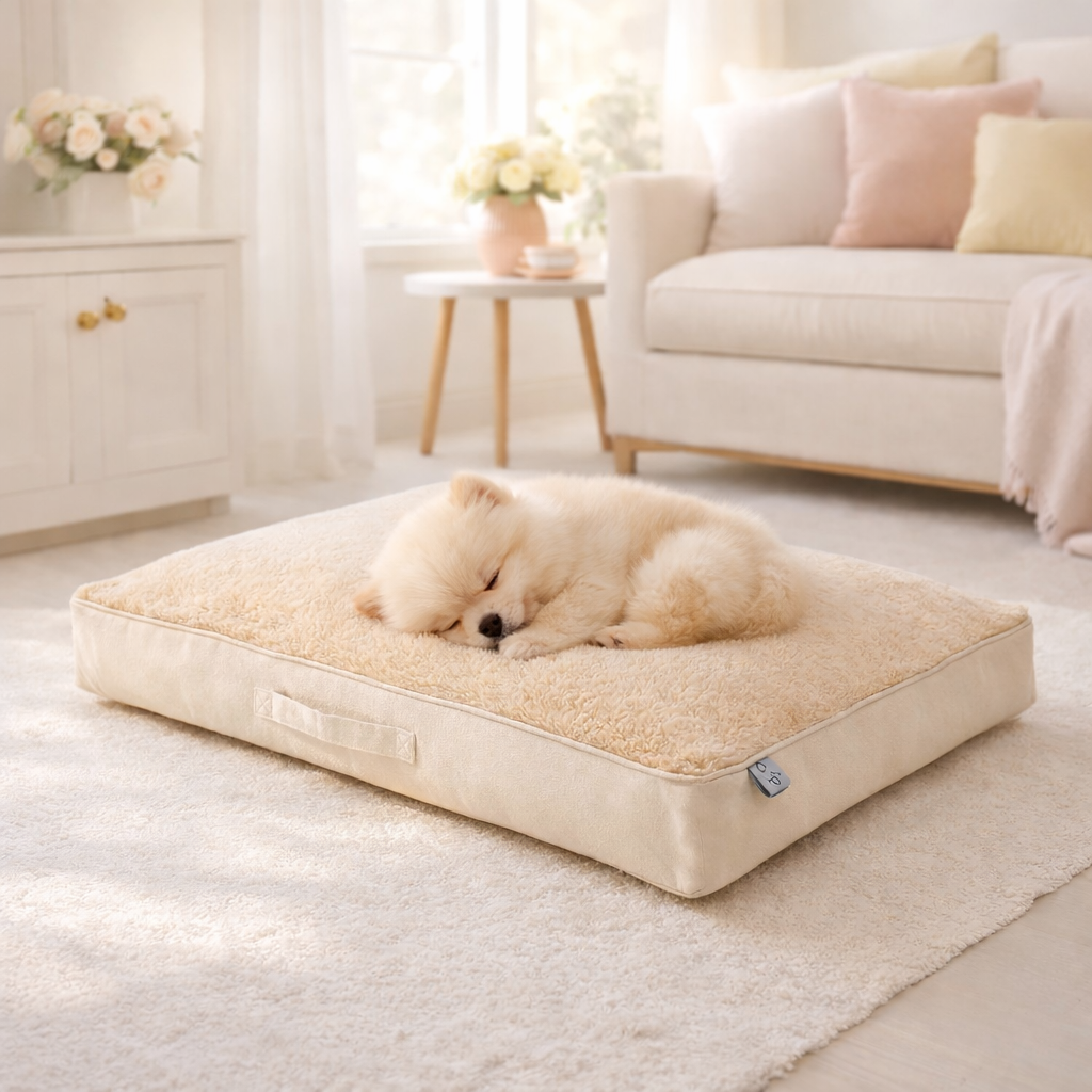 Dream Wags Premium Soft Fur Dog Bed - Heavy Cotton Border Orthopedic Pet Mattress for Dogs & Cats (Beige)